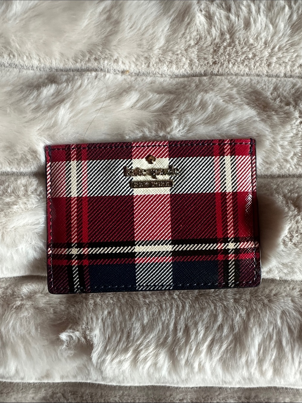 kate spade Red Navy Plaid Card Holder with Gold Logo